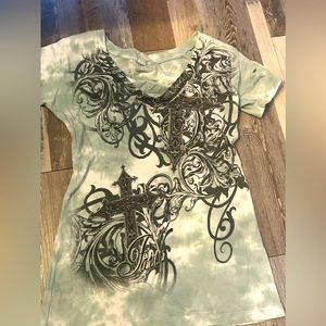 2000s blue/light teal and white tie-dye shirt v-neck